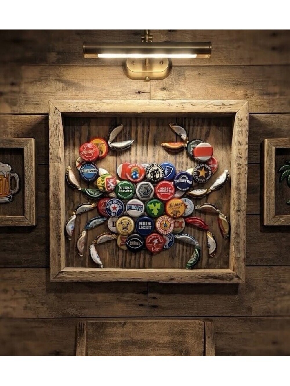 Beer Bottle Cap Wall Art - CRAB on reclaimed wood - Handmade Framed Artwork A1-1